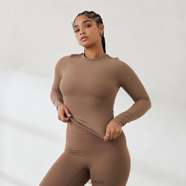 essentiële geribbelde top met lange mouwen vrouwen koffie Lounge kleding 008ZJ843 - Image 5