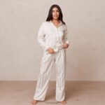 gestreept satijnen pyjamashirt vrouwen parel Lounge kleding 008ZJ930 - Image 3